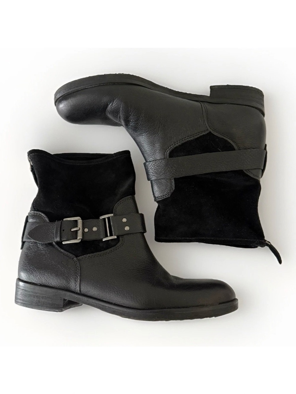 Franco Sarto Black Leather Suede Buckle Harness Moto Biker Boots Whimsigoth 9.5